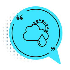 Black line Cloud with rain and sun icon isolated on white background. Rain cloud precipitation with rain drops. Blue speech bubble symbol. Vector.