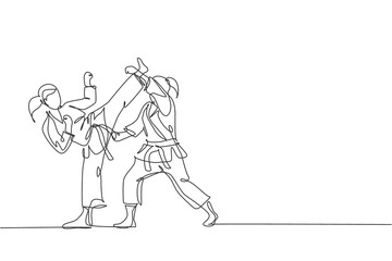 Fototapeta na wymiar One continuous line drawing of two young talented karateka girls train pose for duel fighting at dojo gym center. Mastery martial art sport concept. Dynamic single line draw design vector illustration