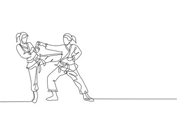 Fototapeta na wymiar Single continuous line drawing of two young confident karateka girls in kimono practicing karate combat at dojo. Martial art sport training concept. Trendy one line draw design vector illustration