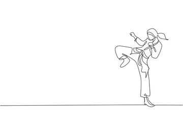 Single continuous line drawing of young confident karateka girl in kimono practicing karate combat at dojo. Martial art sport training concept. Trendy one line draw design vector graphic illustration © Simple Line