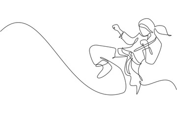One single line drawing of young sporty karateka girl in fight uniform with belt exercising martial art at gym vector illustration. Healthy sport lifestyle concept. Modern continuous line draw design