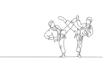 Fototapeta na wymiar One single line drawing of two young sporty karateka men in fight uniform and belt exercising martial art at gym vector illustration. Healthy sport lifestyle concept. Modern continue line draw design