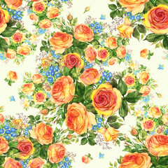 Seamless pattern watercolor bouquet of delicate tea roses with forget-me-not