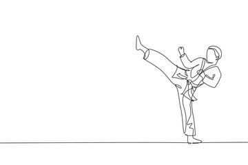 Single continuous line drawing of young confident karateka man in kimono practicing karate combat at dojo. Martial art sport training concept. Trendy one line draw design vector graphic illustration © Simple Line