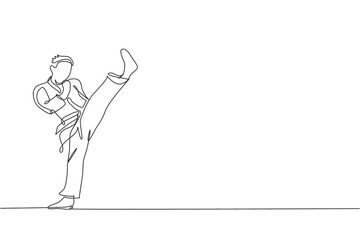 One continuous line drawing of young talented karateka man train pose for duel fighting at dojo gym center. Mastering martial art sport concept. Dynamic single line draw design vector illustration