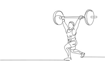 One continuous line drawing of young bodybuilder man doing exercise with a heavy weight bar in gym. Powerlifter train weightlifting concept. Dynamic single line draw design vector graphic illustration