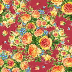 Seamless pattern watercolor bouquet of delicate tea roses with forget-me-not