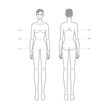 Women standard body parts terminology measurements Illustration for clothes and accessories production fashion lady size chart. 9 head girl for site and online shop. Human body infographic template