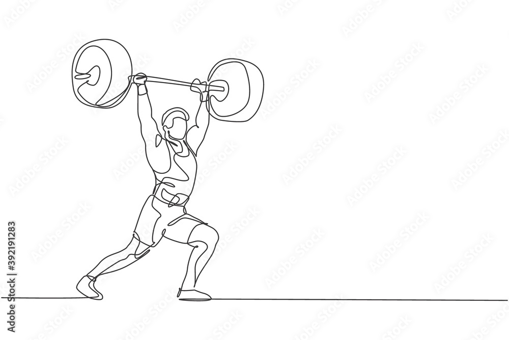Poster one continuous line drawing of young bodybuilder man doing exercise with a heavy weight bar in gym. 