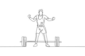 Fototapeta premium One single line drawing of fit young athlete muscular man lifting barbells working out at a gym vector illustration. Weightlifter preparing for training concept. Modern continuous line draw design