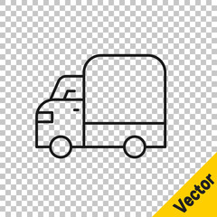 Black line Delivery cargo truck vehicle icon isolated on transparent background. Vector.