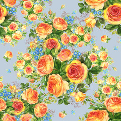 Fototapeta na wymiar Seamless pattern watercolor bouquet of delicate tea roses with forget-me-not