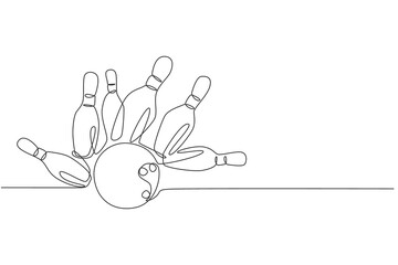 One single line drawing of bowling pins falling apart hit by bowling ball at alley lane graphic vector illustration. Leisure activity and game sport concept. Modern continuous line draw design