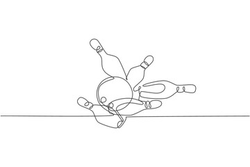 One single line drawing of bowling ball hit bowling pins to falling apart at alley lane graphic vector illustration. Leisure activity and game sport concept. Modern continuous line draw design
