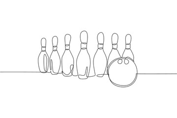Single continuous line drawing bowling pins lined up at bowling lane. Doing sport hobby at leisure time concept. Trendy one line draw design vector illustration graphic