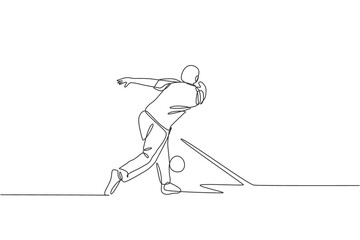 Single continuous line drawing of young happy bowling player man throw bowling ball to hit pins. Doing sport hobby at leisure time concept. Trendy one line draw design vector illustration graphic