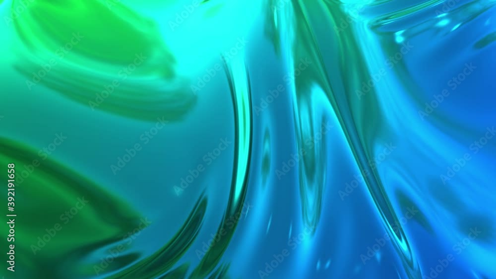 Poster background of animated blue green metalic gradient in 4k with waves. 3d render of wavy cloth surface