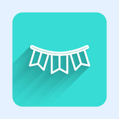 White line Carnival garland with flags icon isolated with long shadow. Party pennants for birthday celebration, festival decoration. Green square button. Vector.