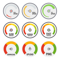 Set of colourful speed meter. Three different designs. Internet speed. Vector illustration.