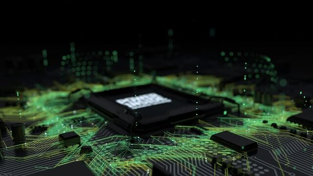 Technology Background CPU Circuit. 3D Visualization AI Processor Power. Colorful Blue Bright Digitalization Process. Data Transmission in Futuristic Board Chip Virtual Computer Animation Closeup Corpo