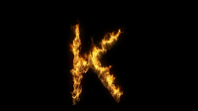 3D animation of the letter k on fire with alpha layer