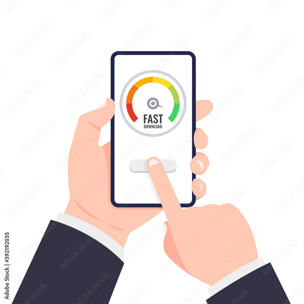 Poster hand holding smartphone. speedometer test showing fast good page loading speed time. vector illustra