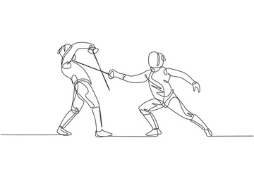 One single line drawing of two young women fencer athlete in fencing costume exercise duel on sport arena vector illustration. Combative and fighting sport concept. Modern continuous line draw design