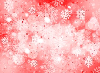 Red abstract background. white light and snowflakes bokeh winter for Christmas new year blurred beautiful shiny lights use for card banner wallpaper backdrop and your product.
