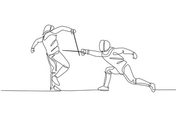 Fototapeta na wymiar One continuous line drawing of two young men fencing athlete practice fighting on sport arena. Fencing costume and holding sword action concept. Dynamic single line draw design vector illustration