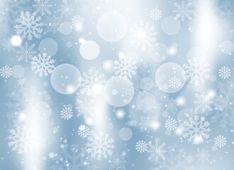 Blue abstract background. white light and snowflakes bokeh winter for Christmas new year blurred beautiful shiny lights use for card banner wallpaper backdrop and your product.