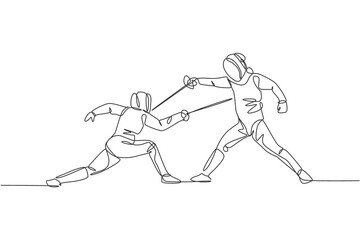 One single line drawing of two young men fencer athlete in fencing costume exercise motion on sport arena vector illustration. Combative and fighting sport concept. Modern continuous line draw design