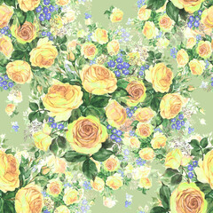 Seamless pattern watercolor bouquet of delicate tea roses with forget-me-not