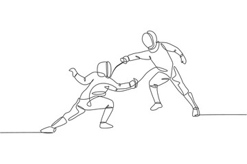 One continuous line drawing of two young men fencing athlete practice fighting action on sport arena. Fencing costume and holding sword concept. Dynamic single line draw design vector illustration