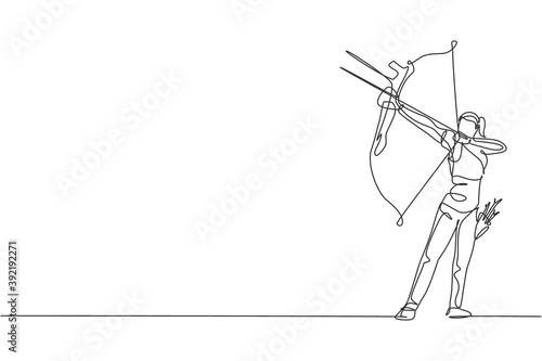 Single Continuous Line Drawing Of Young Professional Archer Woman Focus Aiming Archery Target Archery Sport Exercise With The Bow Concept Trendy One Line Draw Design Vector Graphic Illustration Wall Mural Simple Line