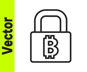 Black line Lock with bitcoin icon isolated on white background. Cryptocurrency mining, blockchain technology, security, protect, digital money. Vector.