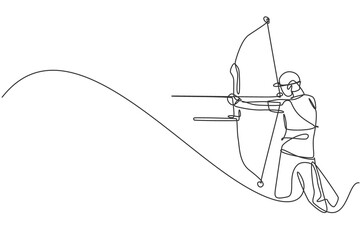 Single continuous line drawing of young professional archer man focus aiming archery target. Archery sport exercise with the bow concept. Trendy one line draw design vector illustration graphic