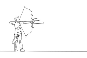 One continuous line drawing of young archer man pulling bow to shooting an archery target. Archery sport training and exercising concept. Dynamic single line draw design graphic vector illustration