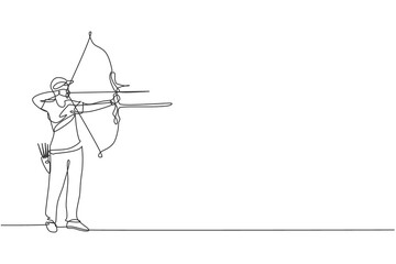 One continuous line drawing of young archer man pulling bow to shooting an archery target. Archery sport training and exercising concept. Dynamic single line draw design graphic vector illustration