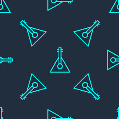 Green line Musical instrument balalaika icon isolated seamless pattern on blue background. Vector.