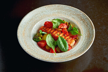 Roasted Salmon steak in tomato sauce with stewed vegetables for garnish. Selective focus, black background