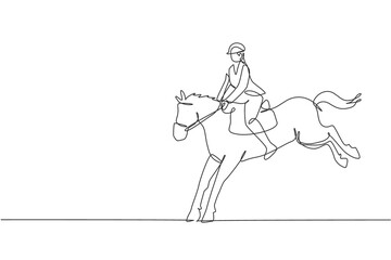 One single line drawing of young horse rider man performing dressage jumping test vector illustration graphic. Equestrian sport show competition concept. Modern continuous line draw design