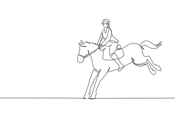 Fototapeta premium One single line drawing of young horse rider man performing dressage jumping test vector illustration graphic. Equestrian sport show competition concept. Modern continuous line draw design