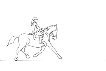 Fototapeta na wymiar One continuous line drawing of young horse rider woman in action. Equine run training at racing track. Equestrian sport competition concept. Dynamic single line draw design graphic vector illustration