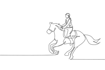 Fototapeta na wymiar Single continuous line drawing of young professional horseback rider running with a horse around the stables. Equestrian sport training process concept. Trendy one line draw design vector illustration