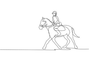 Fototapeta na wymiar One continuous line drawing of young horse rider man in action. Equine training at racing track. Equestrian sport competition concept. Dynamic single line draw design vector illustration graphic