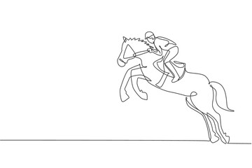 One continuous line drawing of young horse rider man in action. Train equine to jump at racing track. Equestrian sport competition concept. Dynamic single line draw design graphic vector illustration
