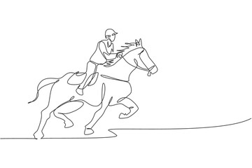 Fototapeta premium Single continuous line drawing of young professional horseback rider running with a horse around the stables. Equestrian sport training process concept. Trendy one line draw design vector illustration