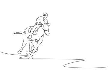 Fototapeta na wymiar Single continuous line drawing of young professional horseback rider running with a horse around the stables. Equestrian sport training process concept. Trendy one line draw design vector illustration