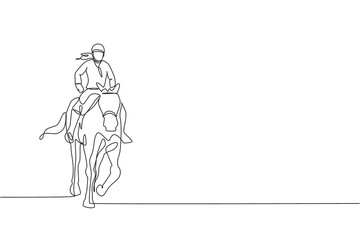 Fototapeta na wymiar One single line drawing of young horse rider woman performing dressage test vector graphic illustration. Equestrian sport show competition concept. Modern continuous line draw design