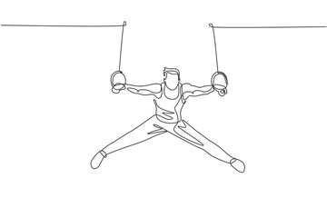 One continuous line drawing of young man exercising steady rings at gymnastic. Gymnast athlete in leotard. Healthy sport and active concept. Dynamic single line draw design vector illustration graphic